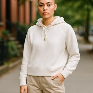 MICHAEL KORS White Cotton Waffle Knit Pullover Hoodie Sweatshirt ~ Women's XL